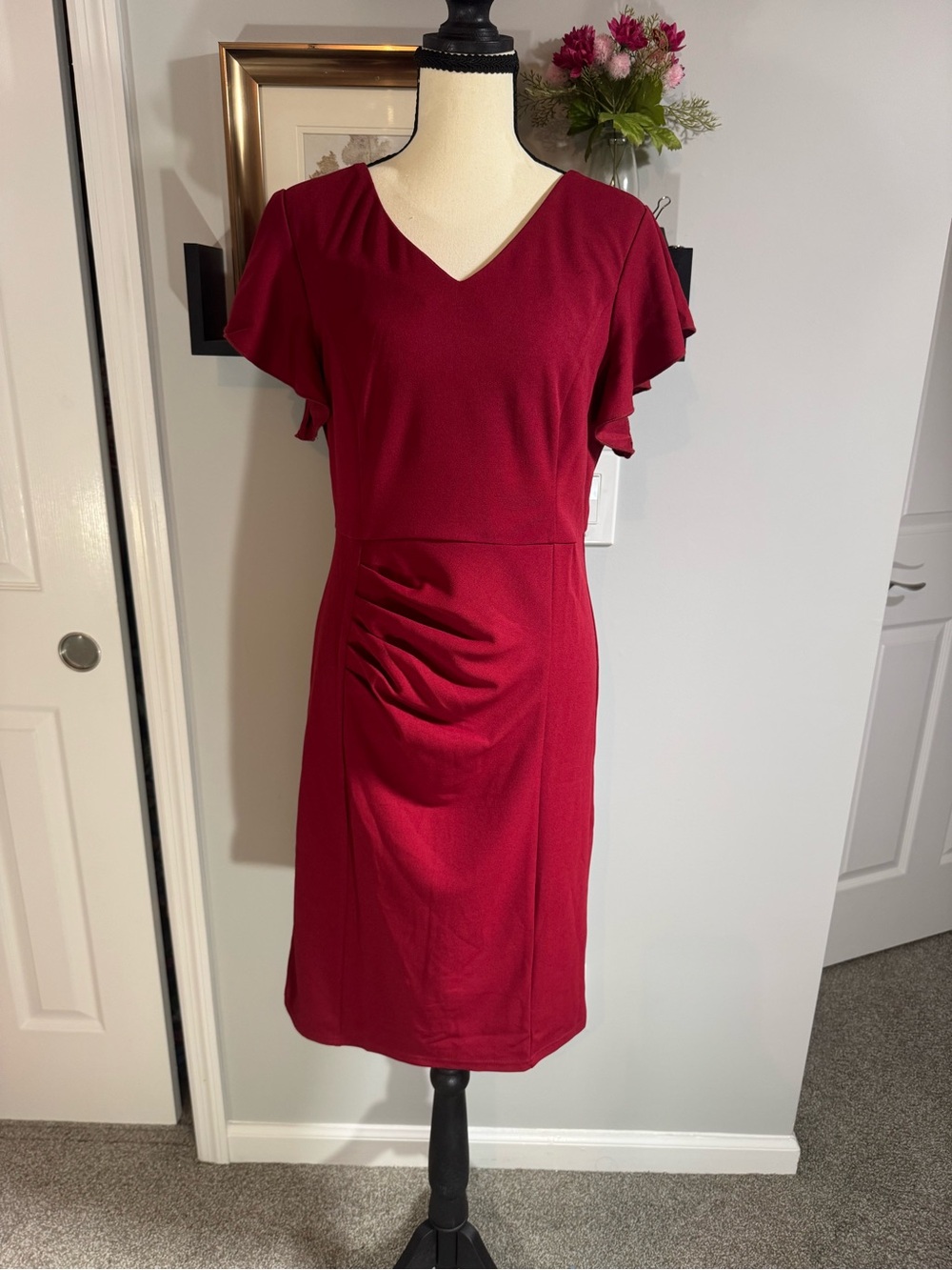 Allegra K Burgundy V-Neck Ruched Midi Dress